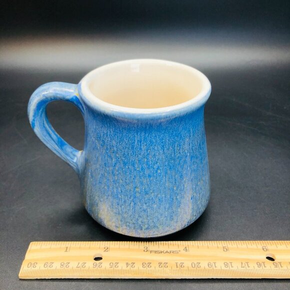70s Beauce Ceramic Blue Ironstone Coffee Mug Textured Green Yellow Underglaze - Picture 12 of 13